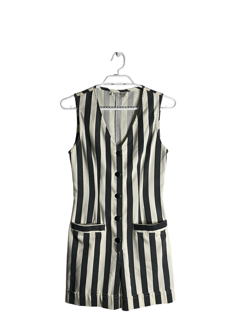 Le Chateau Women's Gray/White Striped Color Block Sleeveless Jumpsuit